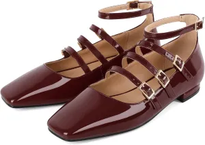 SAMMITOP Mary Jane Shoes Women Ballet Flats Low Block Heel Square Toe Flats Ankle Strap Pumps Wedding Dressy