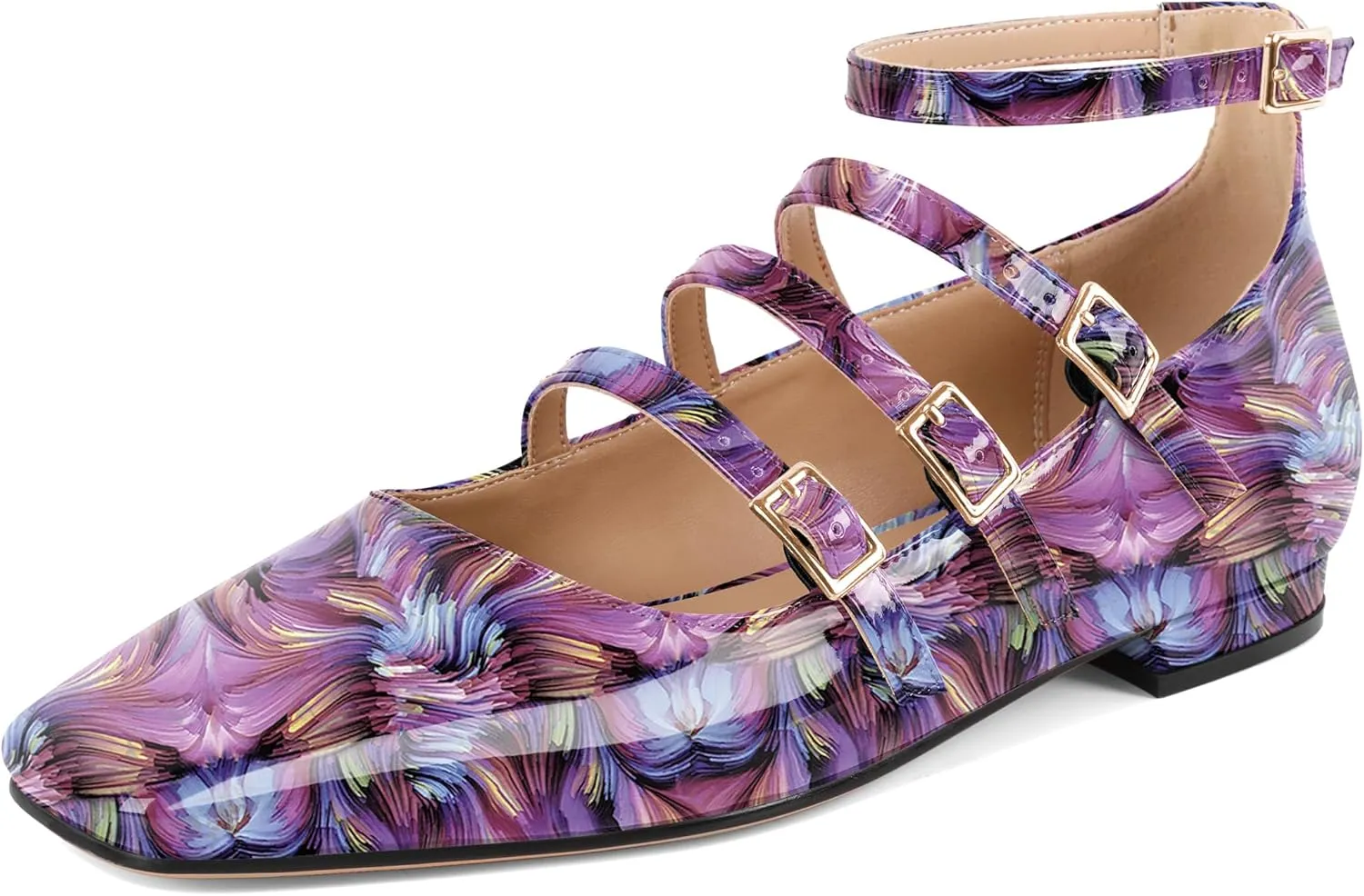 SAMMITOP Mary Jane Shoes Women Ballet Flats Low Block Heel Square Toe Flats Ankle Strap Pumps Wedding Dressy