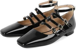 SAMMITOP Mary Jane Shoes Women Ballet Flats Low Block Heel Square Toe Flats Ankle Strap Pumps Wedding Dressy