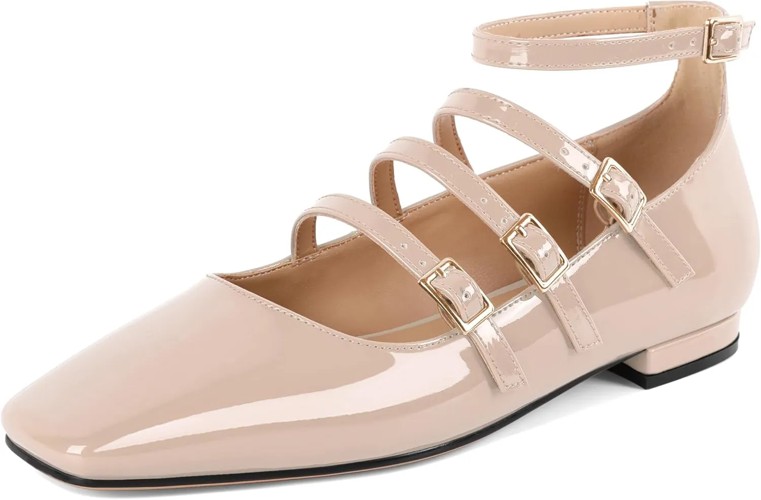 SAMMITOP Mary Jane Shoes Women Ballet Flats Low Block Heel Square Toe Flats Ankle Strap Pumps Wedding Dressy