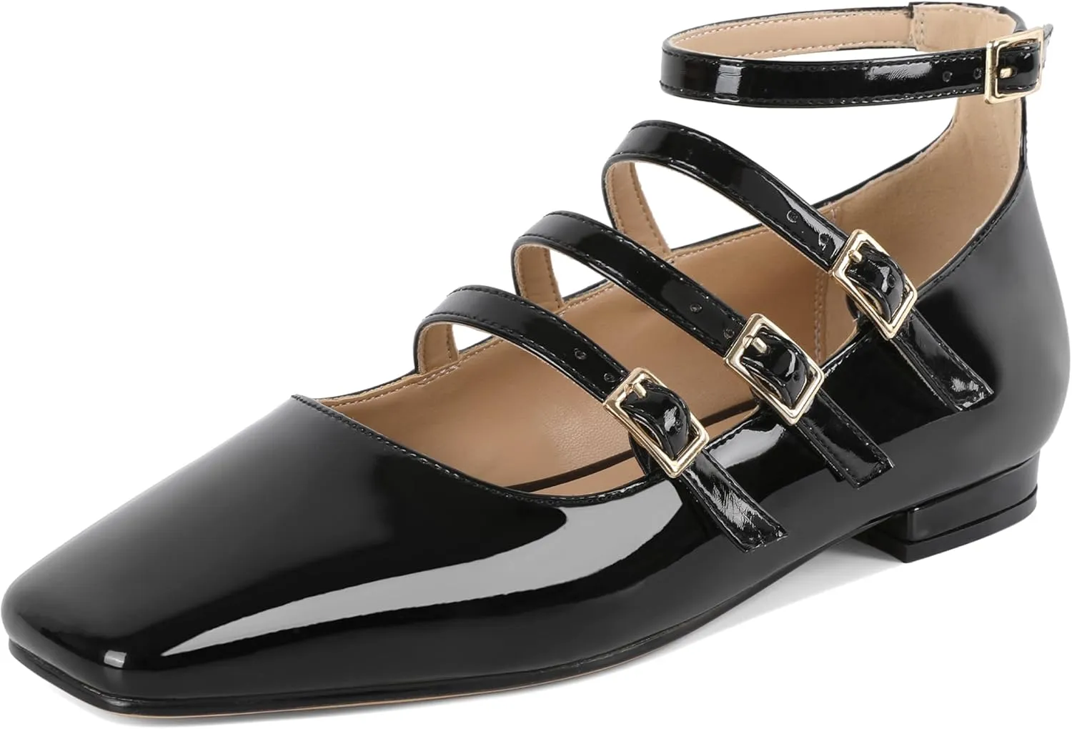 SAMMITOP Mary Jane Shoes Women Ballet Flats Low Block Heel Square Toe Flats Ankle Strap Pumps Wedding Dressy
