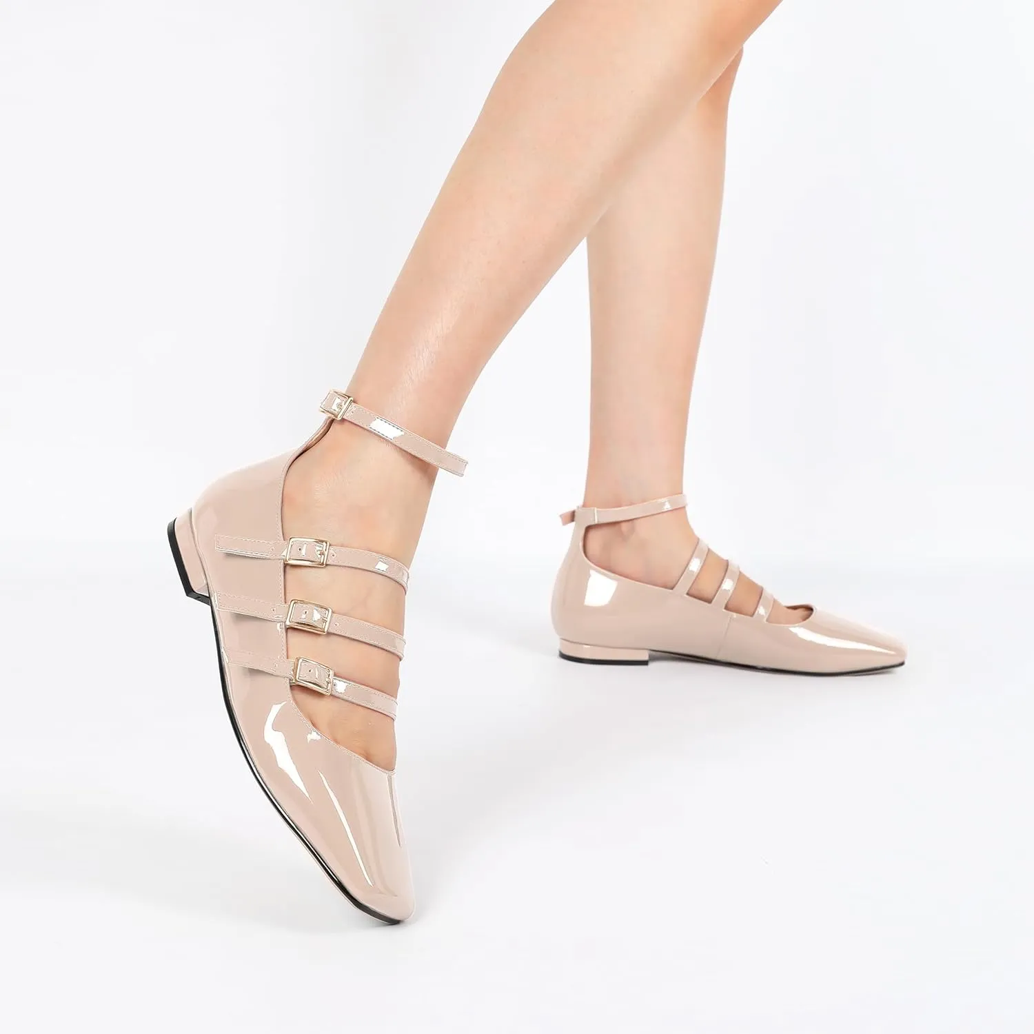 SAMMITOP Mary Jane Shoes Women Ballet Flats Low Block Heel Square Toe Flats Ankle Strap Pumps Wedding Dressy