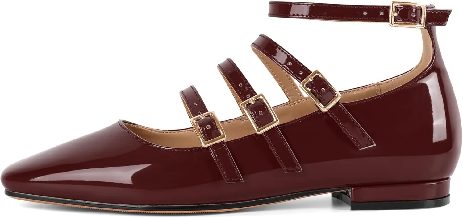 SAMMITOP Mary Jane Shoes Women Ballet Flats Low Block Heel Square Toe Flats Ankle Strap Pumps Wedding Dressy