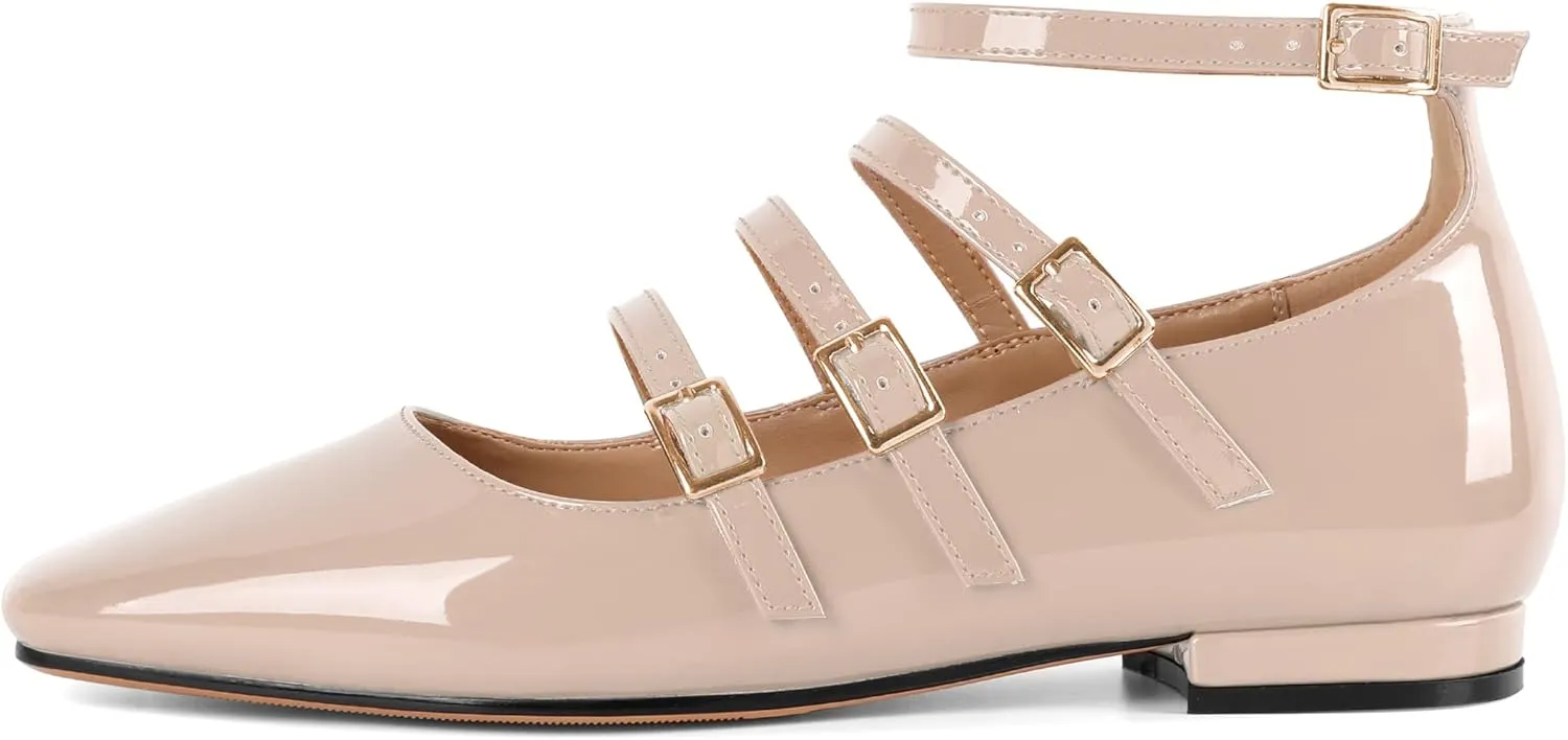 SAMMITOP Mary Jane Shoes Women Ballet Flats Low Block Heel Square Toe Flats Ankle Strap Pumps Wedding Dressy