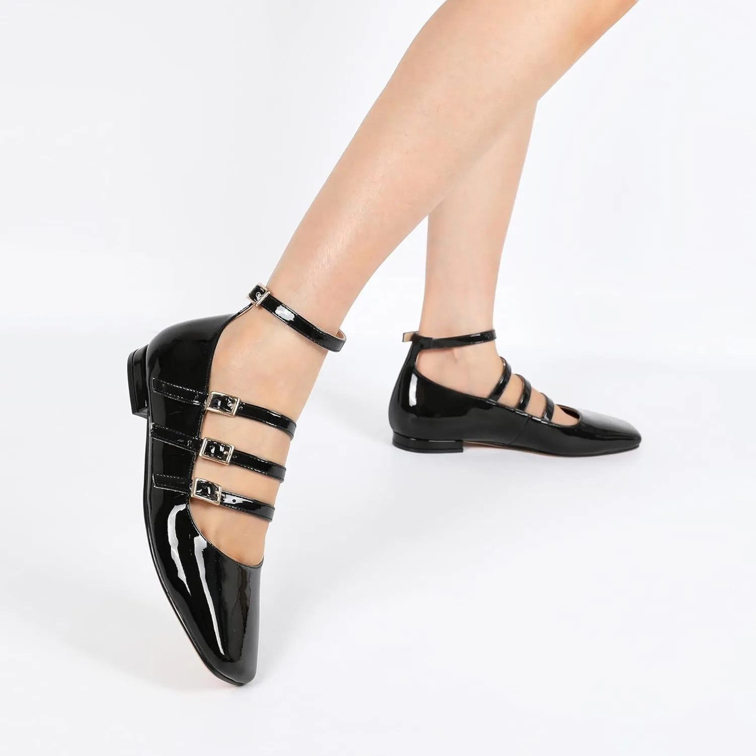 SAMMITOP Mary Jane Shoes Women Ballet Flats Low Block Heel Square Toe Flats Ankle Strap Pumps Wedding Dressy