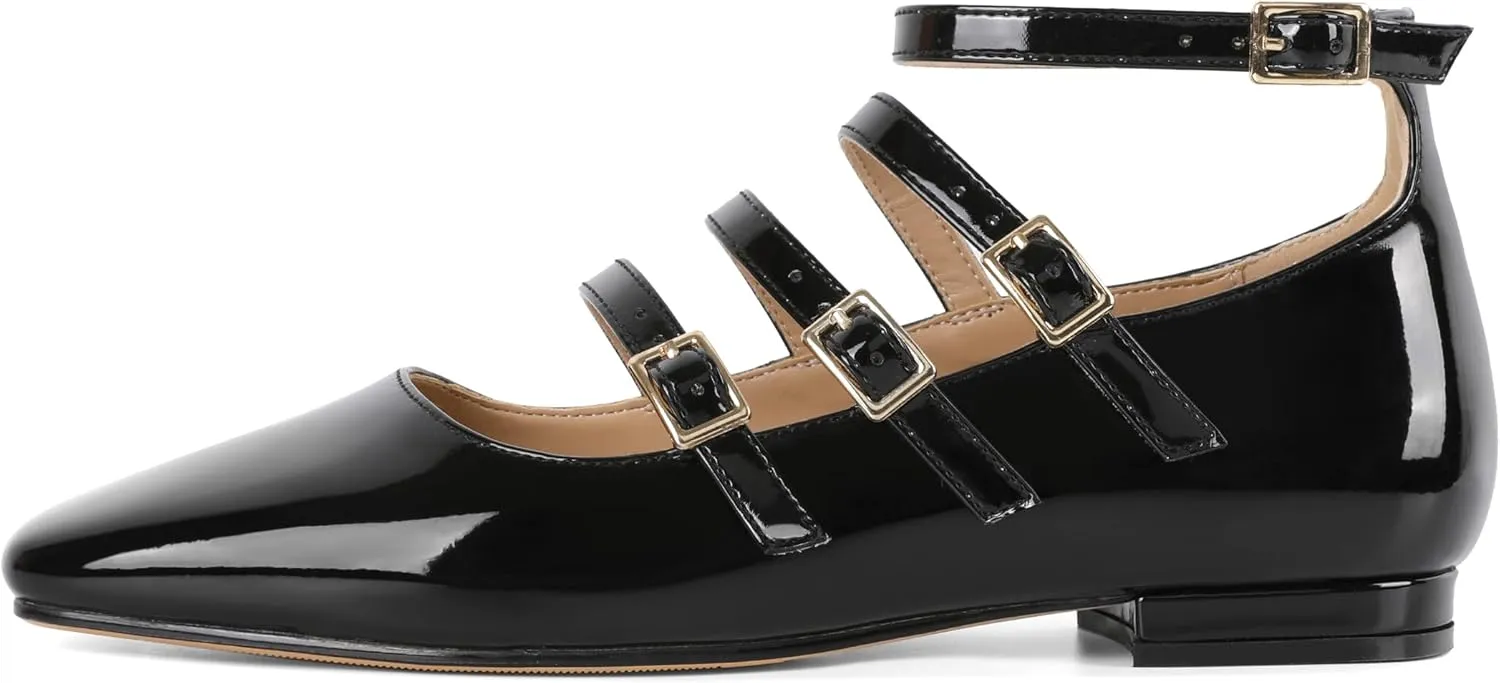 SAMMITOP Mary Jane Shoes Women Ballet Flats Low Block Heel Square Toe Flats Ankle Strap Pumps Wedding Dressy