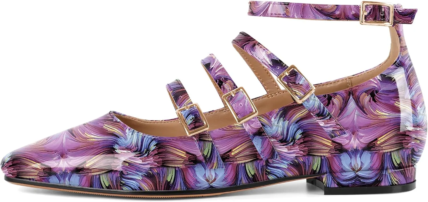 SAMMITOP Mary Jane Shoes Women Ballet Flats Low Block Heel Square Toe Flats Ankle Strap Pumps Wedding Dressy