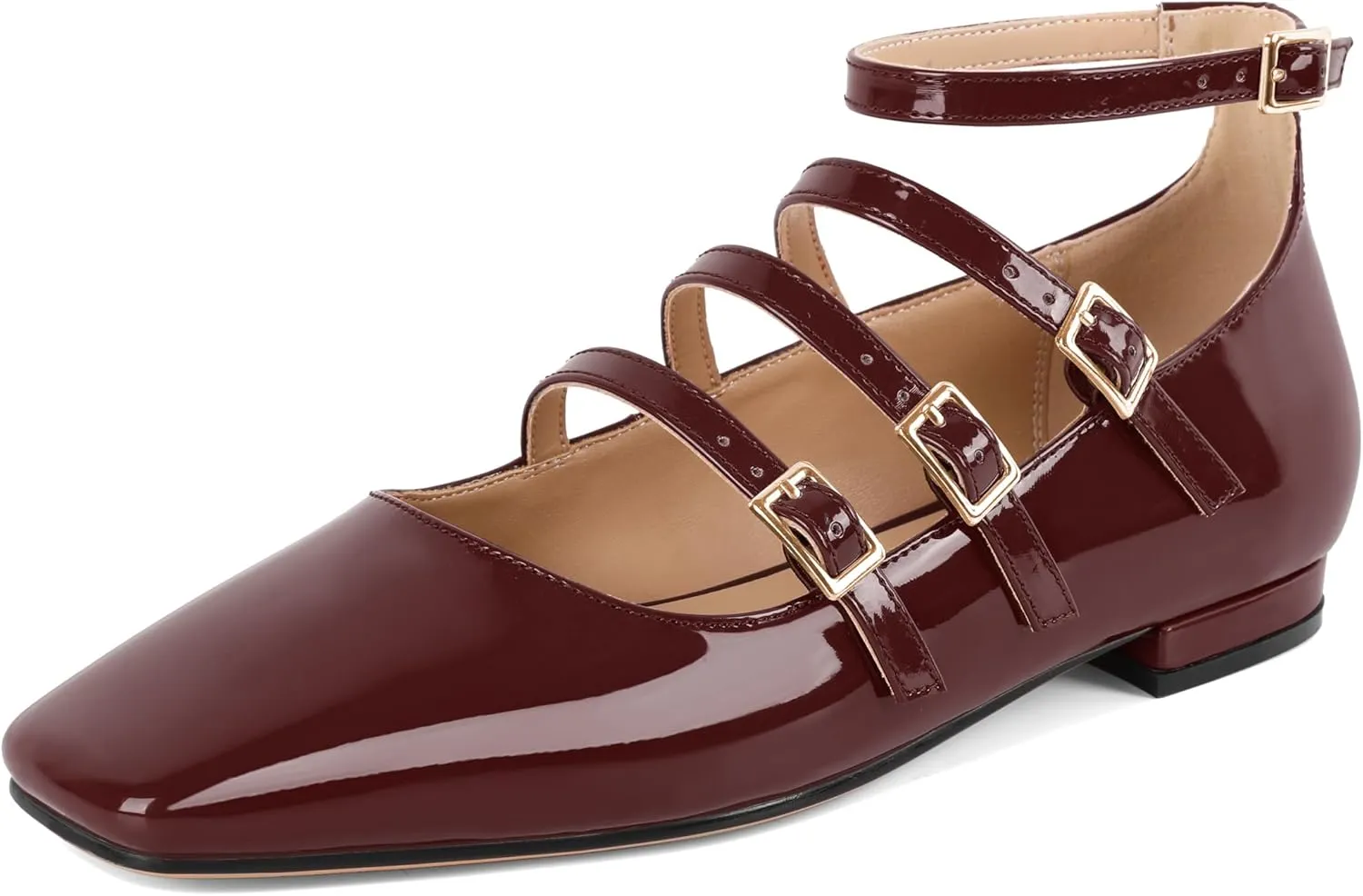 SAMMITOP Mary Jane Shoes Women Ballet Flats Low Block Heel Square Toe Flats Ankle Strap Pumps Wedding Dressy