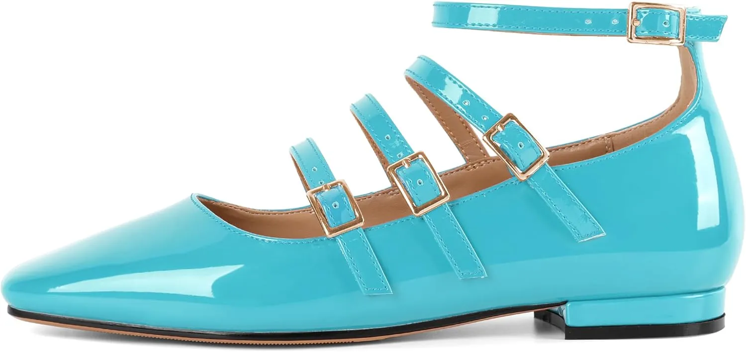 SAMMITOP Mary Jane Shoes Women Ballet Flats Low Block Heel Square Toe Flats Ankle Strap Pumps Wedding Dressy