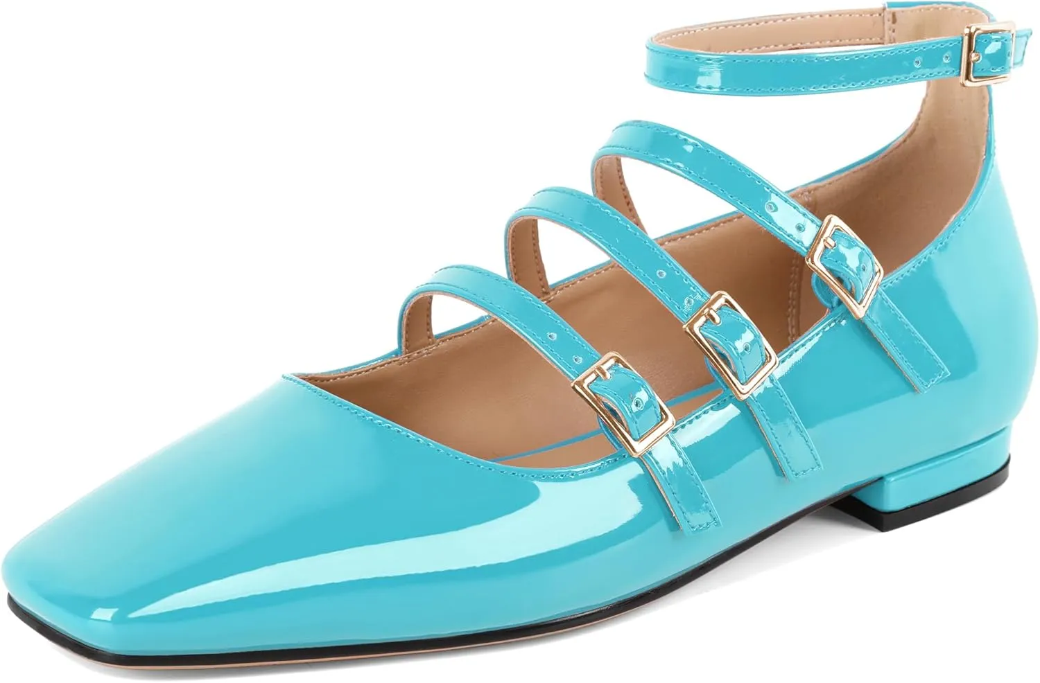 SAMMITOP Mary Jane Shoes Women Ballet Flats Low Block Heel Square Toe Flats Ankle Strap Pumps Wedding Dressy