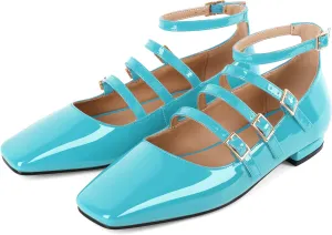 SAMMITOP Mary Jane Shoes Women Ballet Flats Low Block Heel Square Toe Flats Ankle Strap Pumps Wedding Dressy