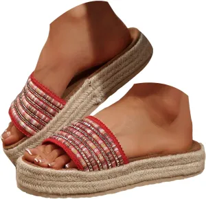 Sandals For Women 2025 Dressy Woven Knit Espadrille Sandal Chunky Platform Shoes Slip On Beach Bohemian Slippers