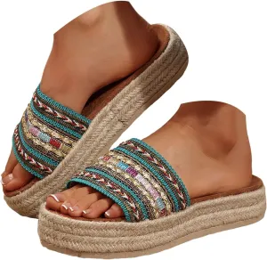 Sandals For Women 2025 Dressy Woven Knit Espadrille Sandal Chunky Platform Shoes Slip On Beach Bohemian Slippers