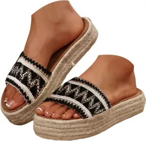 Sandals For Women 2025 Dressy Woven Knit Espadrille Sandal Chunky Platform Shoes Slip On Beach Bohemian Slippers