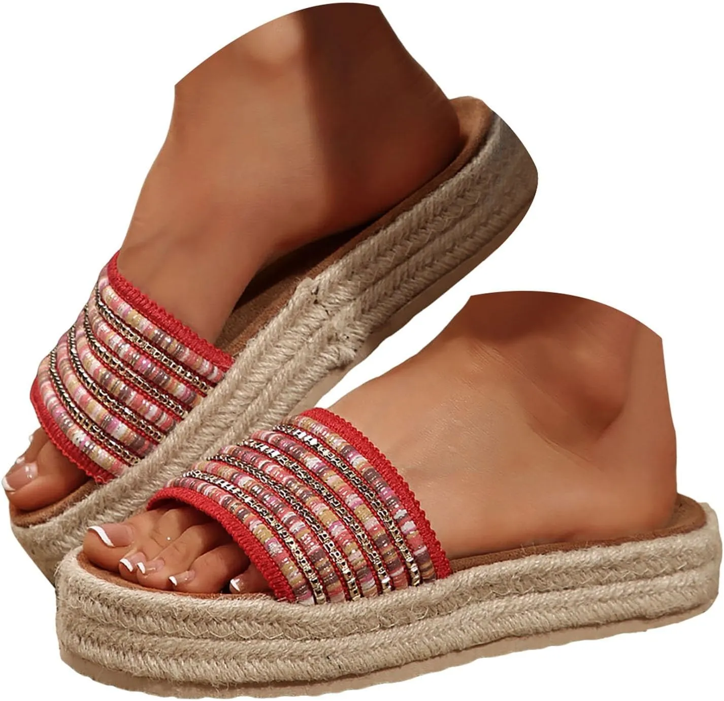 Sandals For Women 2025 Dressy Woven Knit Espadrille Sandal Chunky Platform Shoes Slip On Beach Bohemian Slippers