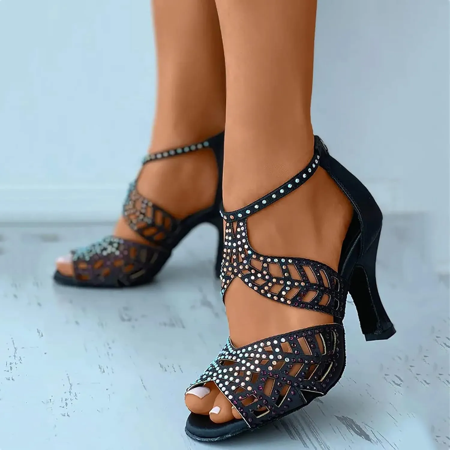 Sandals For Women Zip Back Rhinestone Cutout Toe Dance Shoes Heels Beach Apparel