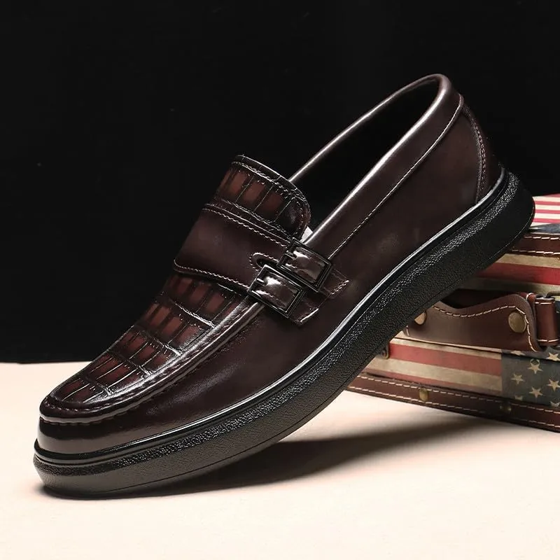 Santimon Men's Crocodile Print Loafers Double Buckle Strap Slip-On Dress Shoes Comfortable Casual Moc Toe Driving Shoes
