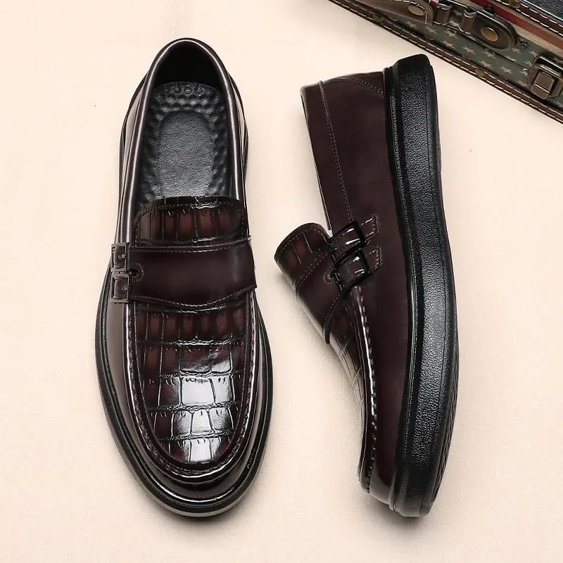 Santimon Men's Crocodile Print Loafers Double Buckle Strap Slip-On Dress Shoes Comfortable Casual Moc Toe Driving Shoes