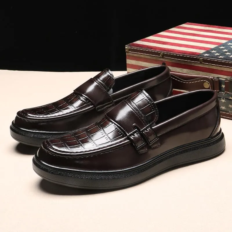 Santimon Men's Crocodile Print Loafers Double Buckle Strap Slip-On Dress Shoes Comfortable Casual Moc Toe Driving Shoes