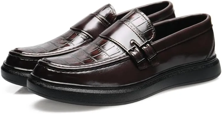 Santimon Men's Crocodile Print Loafers Double Buckle Strap Slip-On Dress Shoes Comfortable Casual Moc Toe Driving Shoes