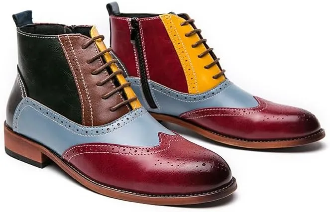 Santimon Mens Dress Boots Mens Ankle Boots Formal Zipper Boots Patchwork Lace Up Leather Oxford Boots for Men