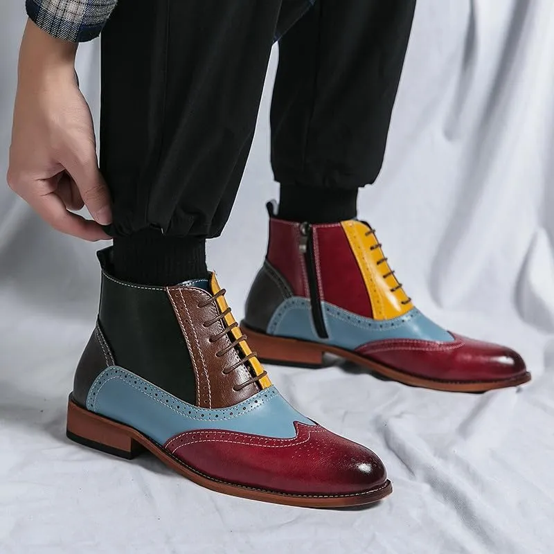 Santimon Mens Dress Boots Mens Ankle Boots Formal Zipper Boots Patchwork Lace Up Leather Oxford Boots for Men