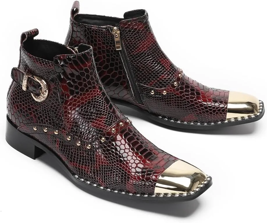 Santimon Men’s Dress Casual Ankle Chelsea Boots - Genuine Leather Snakeskin Texture Western Cowboy Boots with Metal Square Toe & Beads for Wedding, Party & Night Out