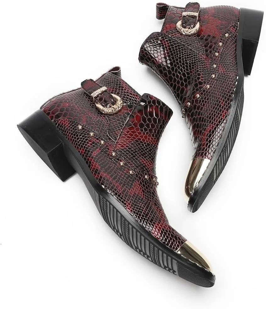 Santimon Men’s Dress Casual Ankle Chelsea Boots - Genuine Leather Snakeskin Texture Western Cowboy Boots with Metal Square Toe & Beads for Wedding, Party & Night Out