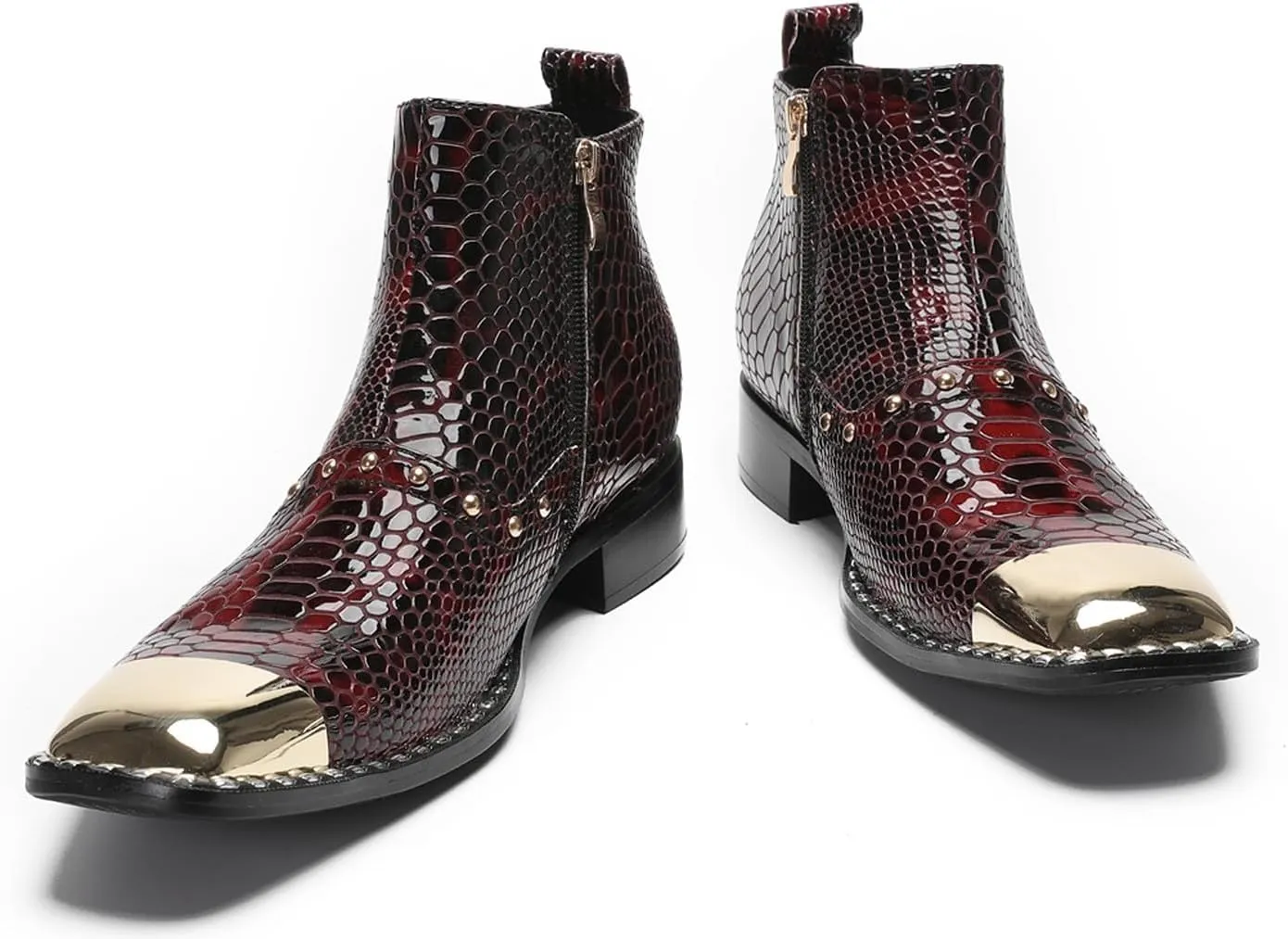 Santimon Men’s Dress Casual Ankle Chelsea Boots - Genuine Leather Snakeskin Texture Western Cowboy Boots with Metal Square Toe & Beads for Wedding, Party & Night Out