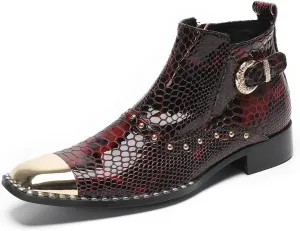 Santimon Men’s Dress Casual Ankle Chelsea Boots - Genuine Leather Snakeskin Texture Western Cowboy Boots with Metal Square Toe & Beads for Wedding, Party & Night Out