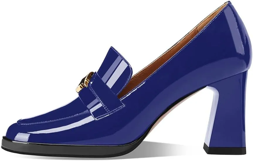 sarawill Women's Chunky High Heel Loafers Closed Square Toe Block Heel Pumps with Metal Buckle Comfortable Slip-On Business Work Dress Shoes