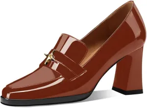 sarawill Women's Chunky High Heel Loafers Closed Square Toe Block Heel Pumps with Metal Buckle Comfortable Slip-On Business Work Dress Shoes