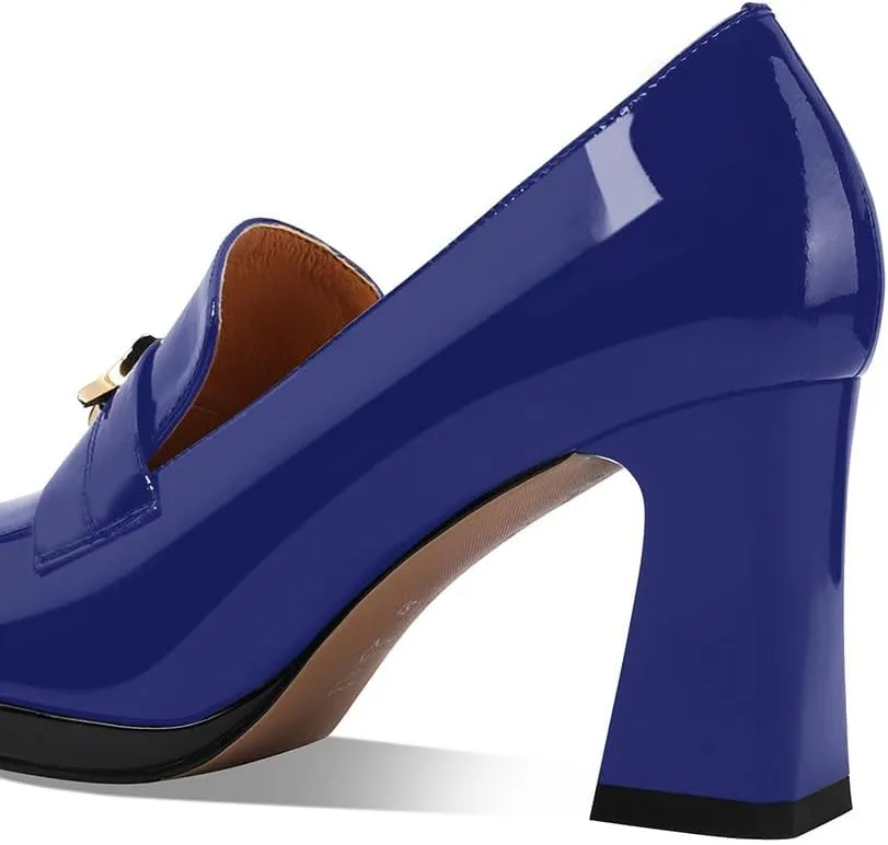 sarawill Women's Chunky High Heel Loafers Closed Square Toe Block Heel Pumps with Metal Buckle Comfortable Slip-On Business Work Dress Shoes
