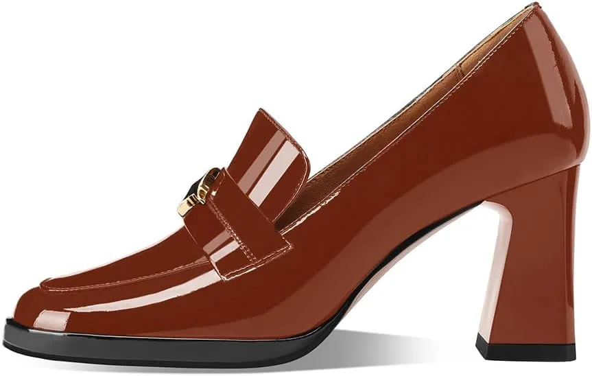 sarawill Women's Chunky High Heel Loafers Closed Square Toe Block Heel Pumps with Metal Buckle Comfortable Slip-On Business Work Dress Shoes