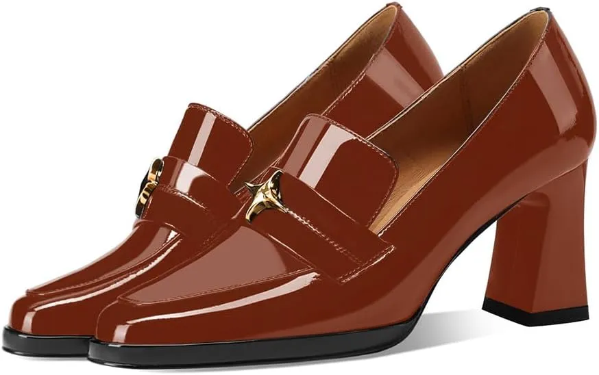 sarawill Women's Chunky High Heel Loafers Closed Square Toe Block Heel Pumps with Metal Buckle Comfortable Slip-On Business Work Dress Shoes