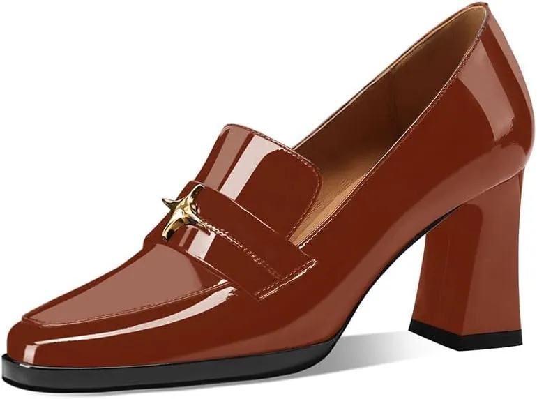 sarawill Women's Chunky High Heel Loafers Closed Square Toe Block Heel Pumps with Metal Buckle Comfortable Slip-On Business Work Dress Shoes