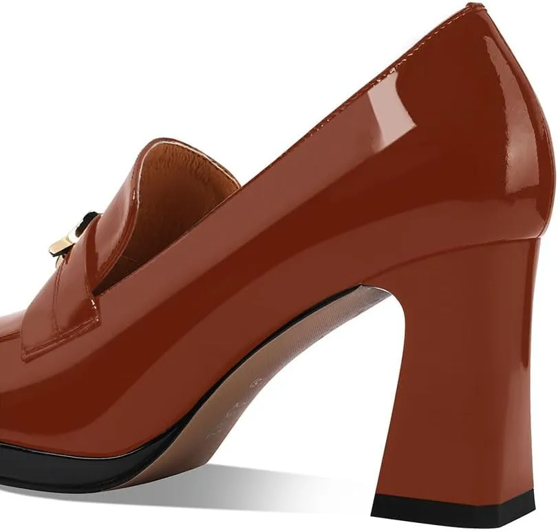 sarawill Women's Chunky High Heel Loafers Closed Square Toe Block Heel Pumps with Metal Buckle Comfortable Slip-On Business Work Dress Shoes