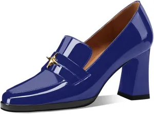 sarawill Women's Chunky High Heel Loafers Closed Square Toe Block Heel Pumps with Metal Buckle Comfortable Slip-On Business Work Dress Shoes
