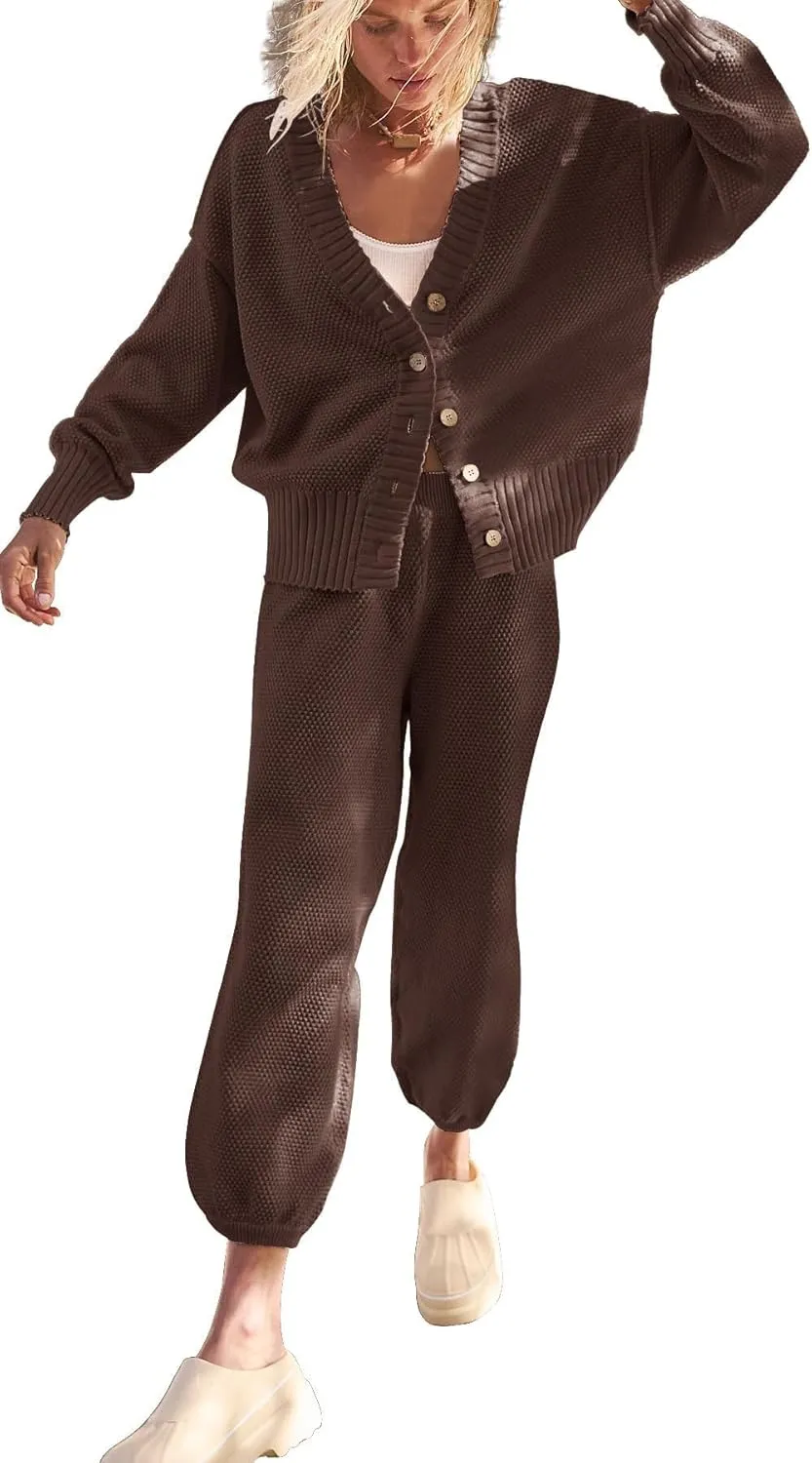SAUKOLE Womens Two Piece Outfits Knit Sweater Sets Oversized Button Down Cardigan and Long Pants Matching Lounge Set
