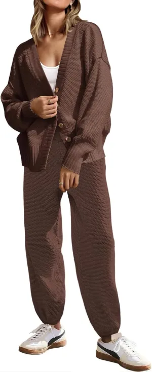 SAUKOLE Womens Two Piece Outfits Knit Sweater Sets Oversized Button Down Cardigan and Long Pants Matching Lounge Set