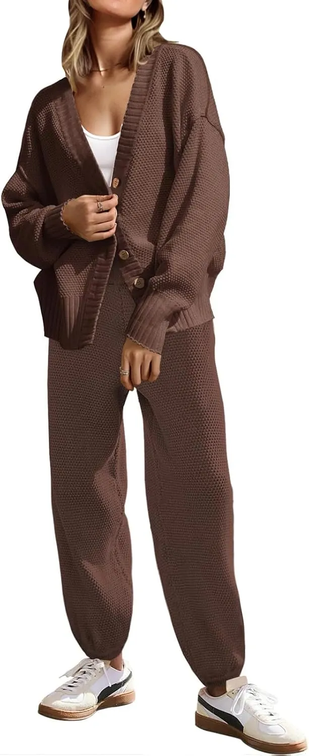 SAUKOLE Womens Two Piece Outfits Knit Sweater Sets Oversized Button Down Cardigan and Long Pants Matching Lounge Set