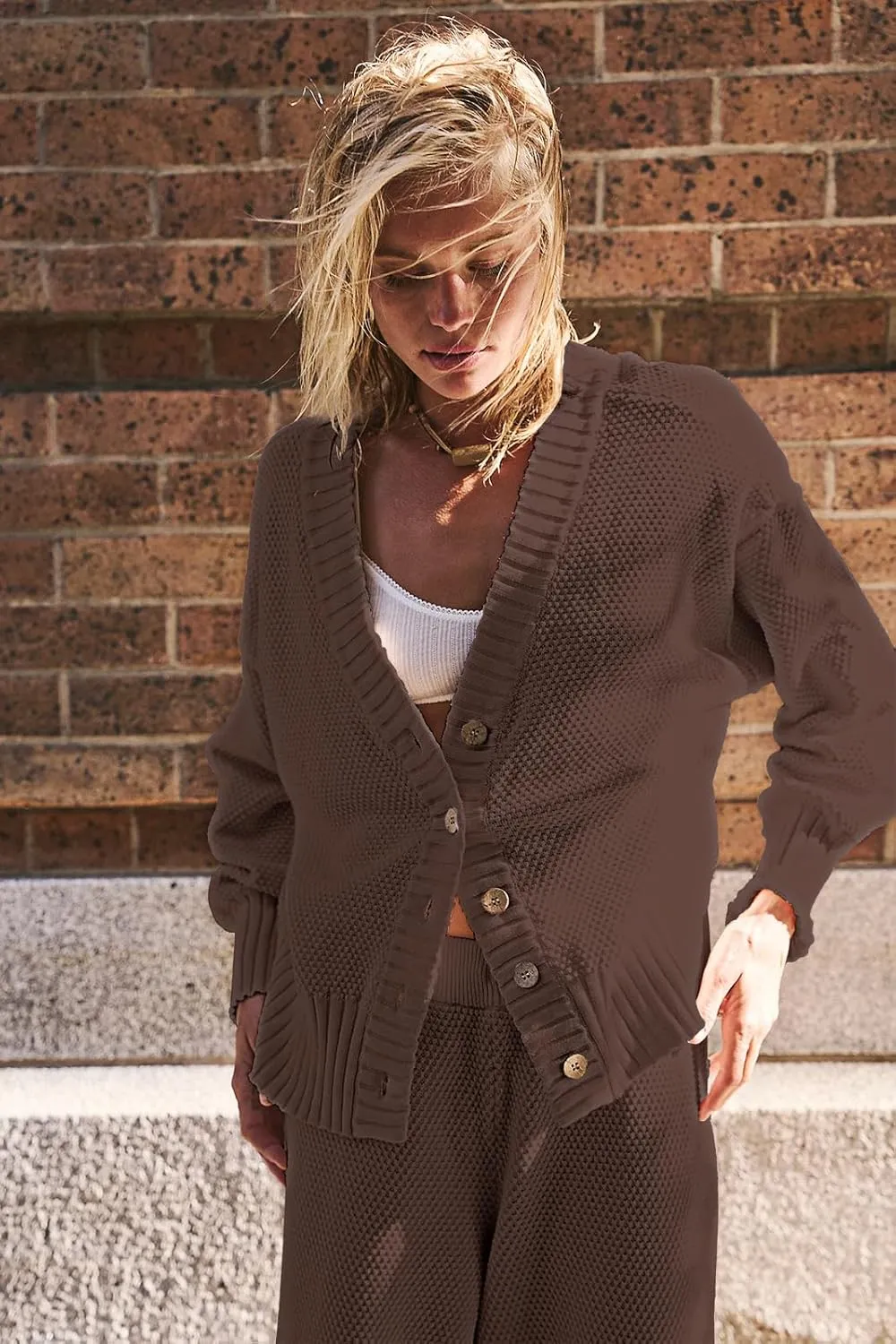 SAUKOLE Womens Two Piece Outfits Knit Sweater Sets Oversized Button Down Cardigan and Long Pants Matching Lounge Set