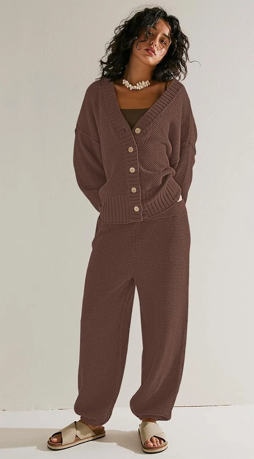 SAUKOLE Womens Two Piece Outfits Knit Sweater Sets Oversized Button Down Cardigan and Long Pants Matching Lounge Set