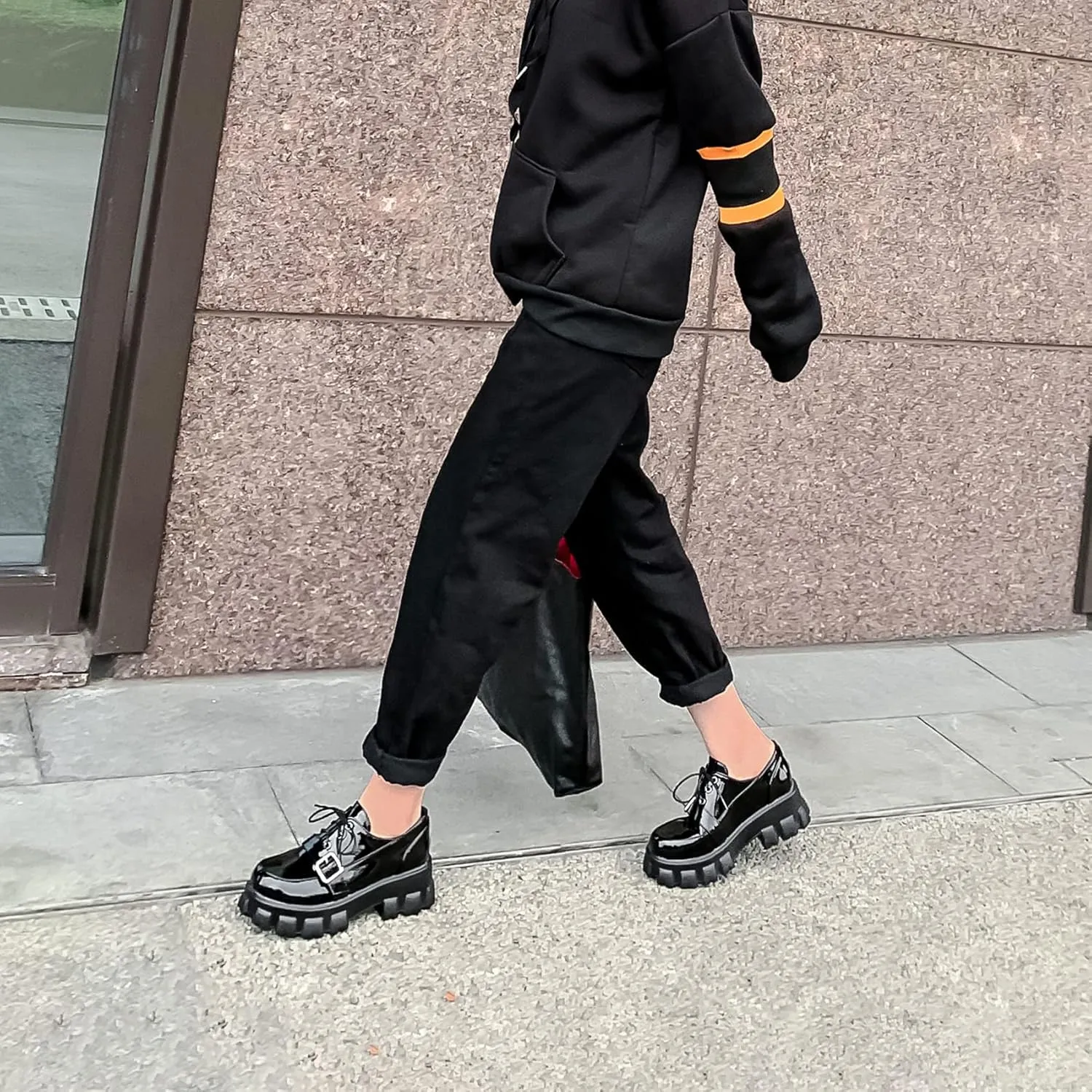 SEIFIN Gothic Lug Sole Oxfords for Women Patent Leather Chunky Heels Platform Pumps Height Increase Lace Up Shoes with Buckled