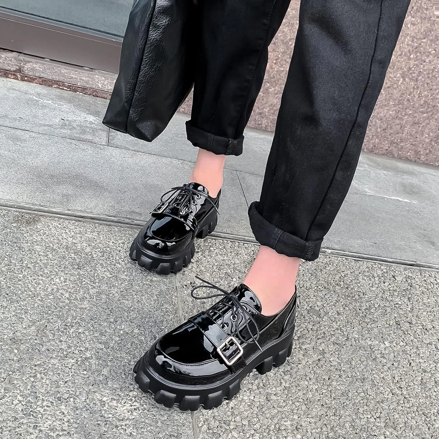 SEIFIN Gothic Lug Sole Oxfords for Women Patent Leather Chunky Heels Platform Pumps Height Increase Lace Up Shoes with Buckled