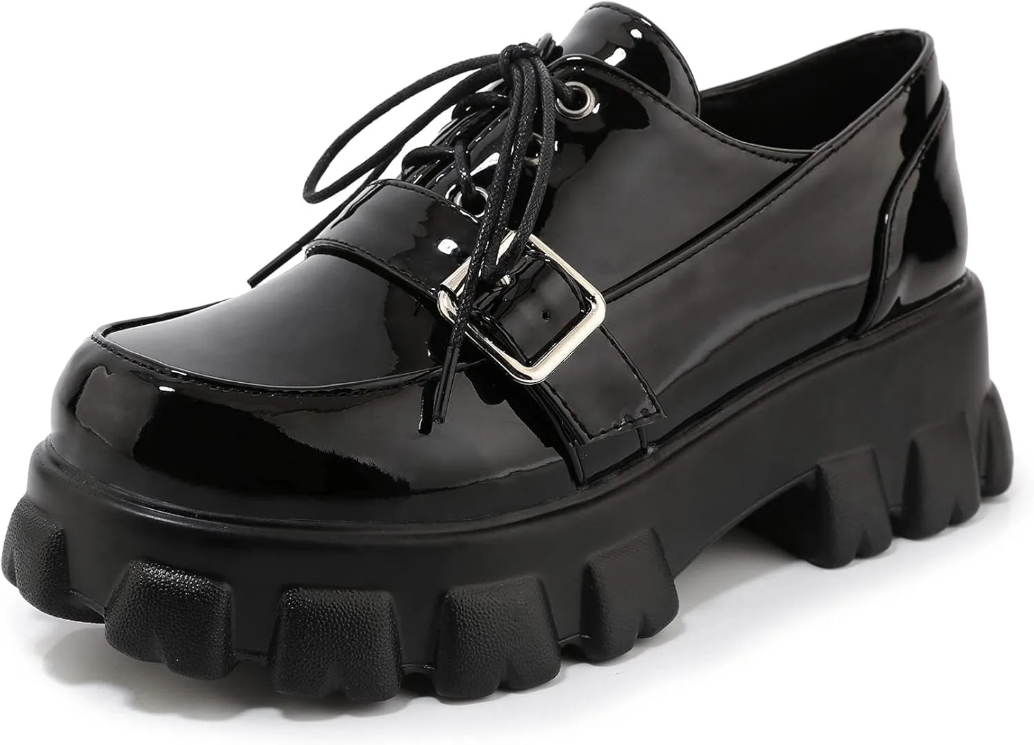 SEIFIN Gothic Lug Sole Oxfords for Women Patent Leather Chunky Heels Platform Pumps Height Increase Lace Up Shoes with Buckled