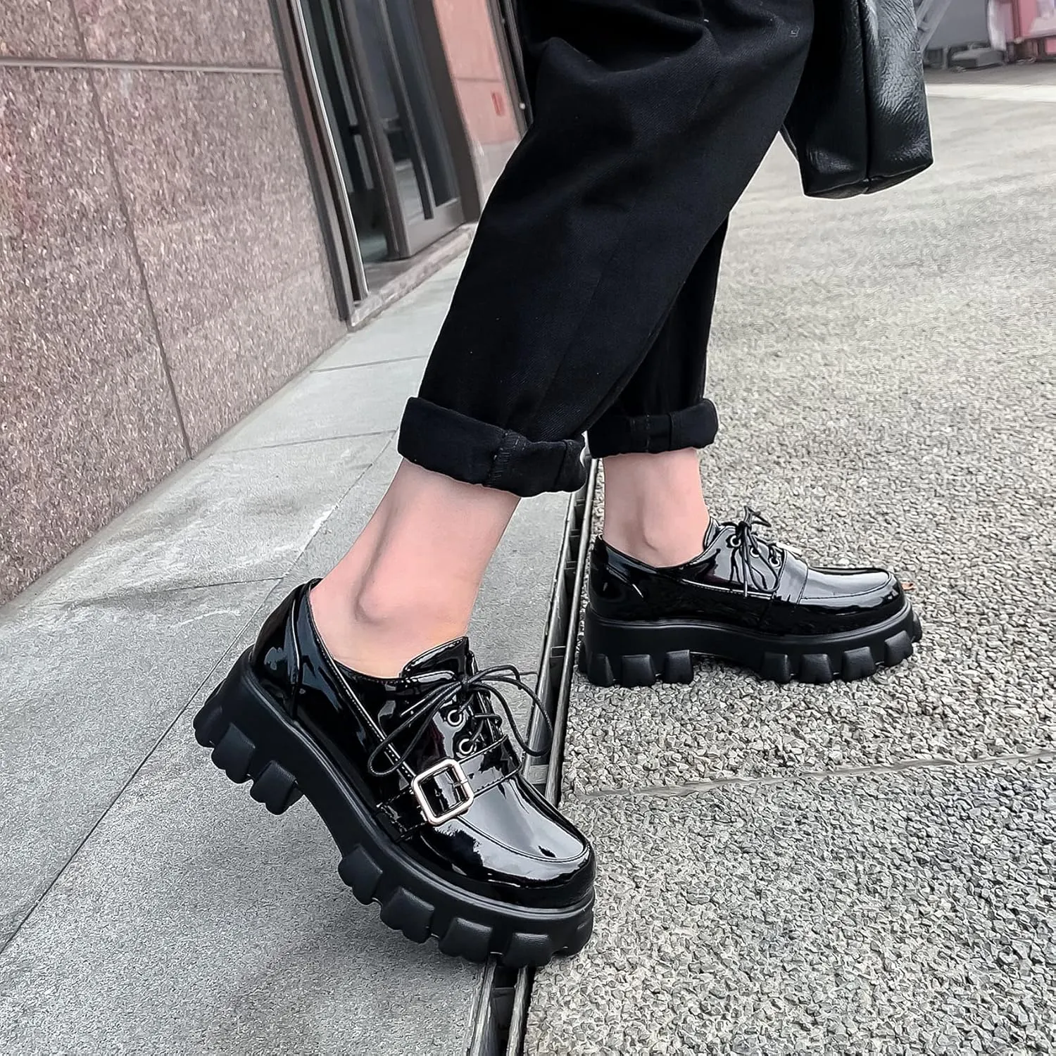 SEIFIN Gothic Lug Sole Oxfords for Women Patent Leather Chunky Heels Platform Pumps Height Increase Lace Up Shoes with Buckled