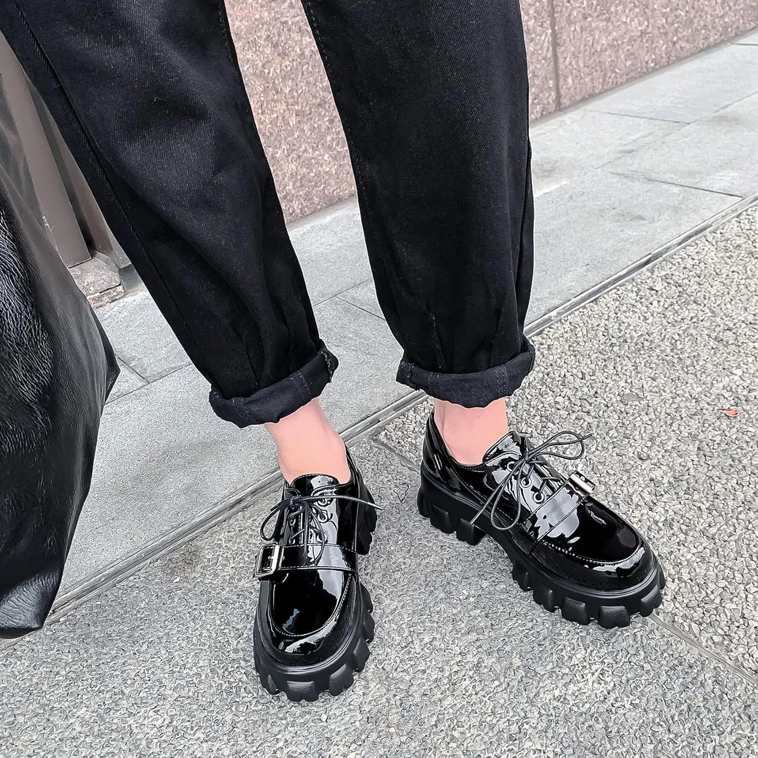 SEIFIN Gothic Lug Sole Oxfords for Women Patent Leather Chunky Heels Platform Pumps Height Increase Lace Up Shoes with Buckled