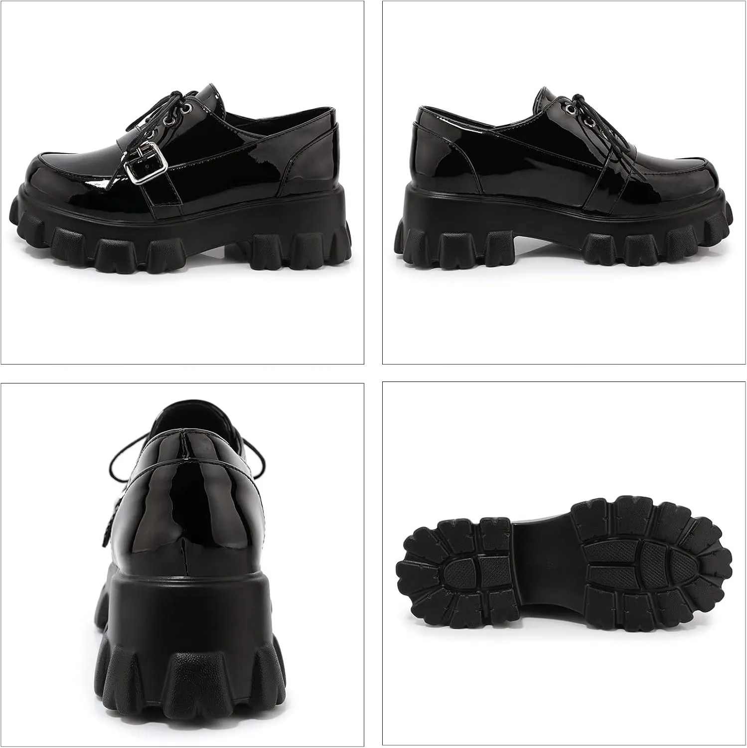 SEIFIN Gothic Lug Sole Oxfords for Women Patent Leather Chunky Heels Platform Pumps Height Increase Lace Up Shoes with Buckled