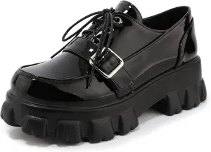 SEIFIN Gothic Lug Sole Oxfords for Women Patent Leather Chunky Heels Platform Pumps Height Increase Lace Up Shoes with Buckled